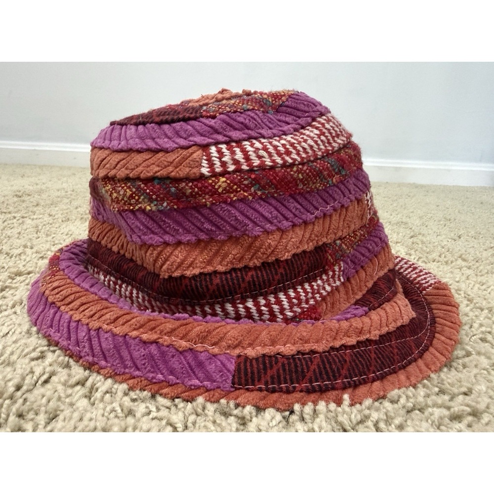 Colorful Women's Bucket Hat Tweed Corduroy Boho Artsy Funky Patchwork Striped - Picture 5 of 12